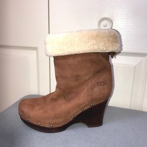 UGG Chestnut Suede Wedge Boot with Cream Shearling Cuff